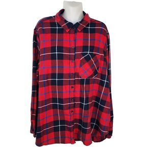 Beach Lunch Lounge Womens Shirt Large Flannel Button Down Plaid Red Blue Cotton